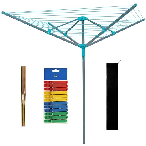 Crystals Rotary Washing Line | 4-Arm Heavy Duty Outdoor Clothes Airer | 50m Large Folding Rotary Dryer with Metal Ground Spike, Protective Cover & Pegs | Sturdy Garden Laundry Drying Solution