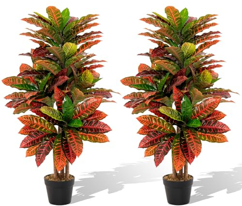 HAPPYGRILL Artificial Croton Plant, 40 Tall Faux Tree w/Nursery Pot, Real Wood Trunks, Gradient Leaves, Fake Croton Palm Tree, Potted Greenery Plant for Home Office Porch Living Room Indoor (2)