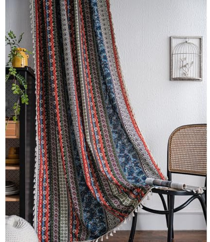 Tokusyou Bohemian Gardinen Vintage Boho Vorhang Landhausstil Leinenoptik Baumwolle Ethno Rot Halbtransparent Vorhänge mit Quaste Rod Pocket für Wohnzimmer Schlafzimmer 1 Stück B150×H160cm