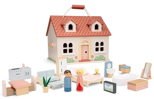 Woet Wooden Foldable Dollhouse for Kids Age 3+ – Pretend Play Doll House with 18-Piece Furniture & 2 Dolls – Portable Educational Role Play Toy for Girls and Boys