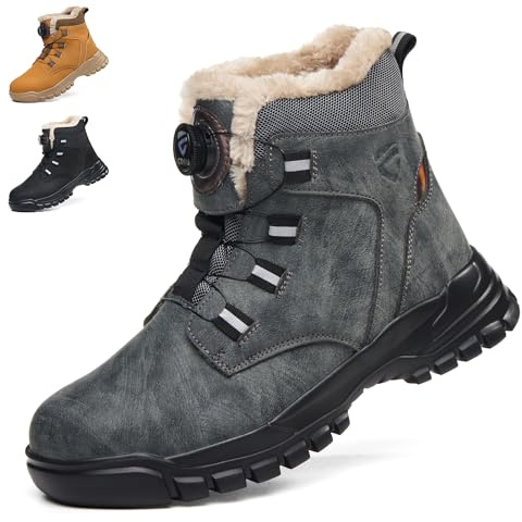 KOIFISH Winter Work Boots Mens Womens Warm Fur Lined No Lace Steel toe Cap Boots Comfortable Anti Slip Lightweight Safety Shoes Grey