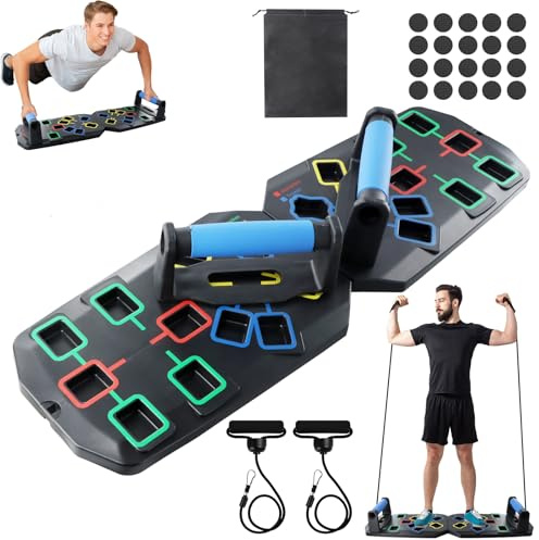 24 in 1 Push Up Board, Load Capacity 150kg, Press Up Board with silicone Coating Handle, 2 Tension Rope, 20 Adhesive Pads and Storage Bag, Push Up Bar, Home Gym Workout Exercise Calisthenics Equipment