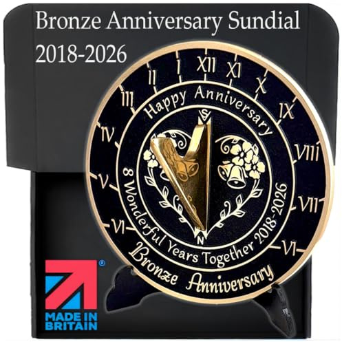 Anniversary Sundial Gift for 8th Bronze Wedding Anniversary in 2026 - Recycled Metal Home Decor Or Garden Present Idea - Handmade in UK for Him, Her Parents Or Couples 8 Year Celebration