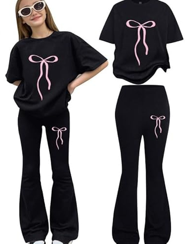 Girls Tracksuit Heart Bow Print Short Sleeve Tops T-Shirt And Flared Trousers Teenager Y2K 2 Piece Outfits Kids Track Suits Activewear Sets For Girls (Black #2, 10-11 Years)