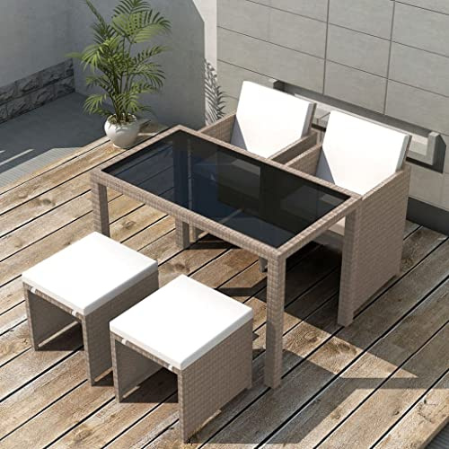 Mokuyary Grupo de comedor de jardín de 5 piezas con cojines, ratán de polietileno, beige, juego de asientos con sillas y mesa, muebles de balcón, juego de muebles de exterior, para terraza, jardín