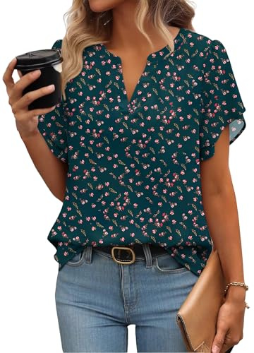 Zeagoo Womens Summer Tops Ruffle Short Sleeve Mesh Blouse Ladies Tops Chiffon Double Layered Tunic Tops B-Dark Green Floral XXL