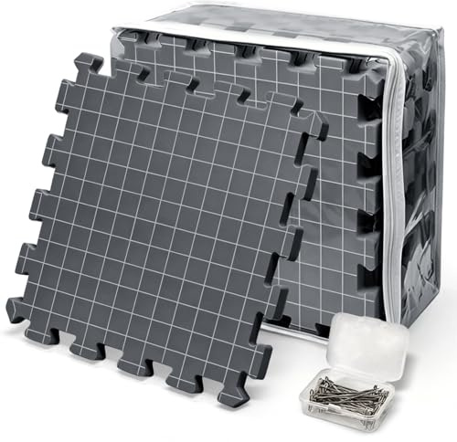 FARYODI Set med 9 stycken extra tjocka blockeringsmattor, 1,9 cm, 32 x 32 cm spännmattor med rutnät, 100 rostfria T-nålar, förvaringsväska och nålkuddar för stickning, virkning, spets, spets