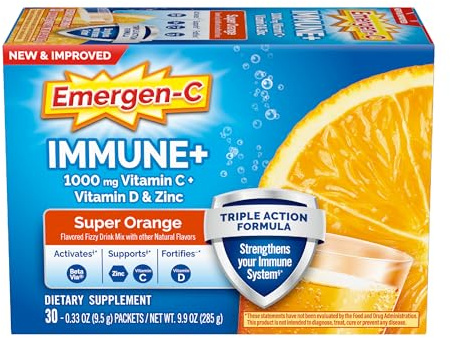 Emergen-C Immune+ Triple Action Immune Support Powder, BetaVia (R), 1000mg Vitamin C, B Vitamins, Vitamin D and Antioxidants, Super Orange – 30 Count