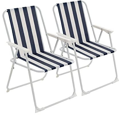 Harbour Housewares Folding Beach Deck Chairs - Blue Stripe - Pack of 2 - Metal Outdoor Patio Seat Lightweight Portable Deck Chair for Picnic, Garden, Camping, Fishing