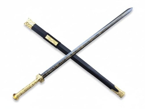 LOONGSWORD Han Jian Chinese Sword, Hand-Forged High Carbon Steel Full Tang Blade, Longquan Tai Chi Jian with Gold Alloy Fittings & Wood Scabbard, for Martial Arts Practice & Display