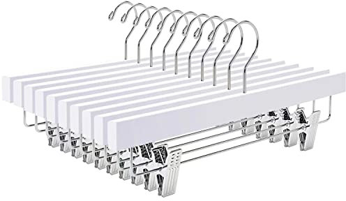 Amber Home 35.5cm White Wooden Pants Hangers 10pcs, Smooth Wood Skirt Hanger Organizer with Adjustable Anti-Slip Chrome Clips, Space Saving Solid Clothes Hangers Rack for Bottoms Jeans Slacks Trousers