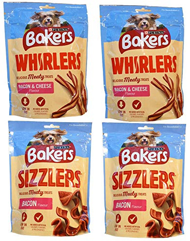 Baker Bacon & Cheese Whirlers 2 x 130g and Bacon Sizzlers 2 x 90g Dog Treats