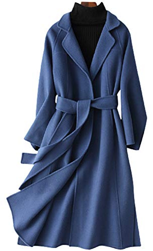 XMZFQ Womens Wool Coats Cashmere Trench Autumn Winter Solid Color Slim Warm Long Overcoat Cardigan Jackets Outwear with Belt,Blue,S