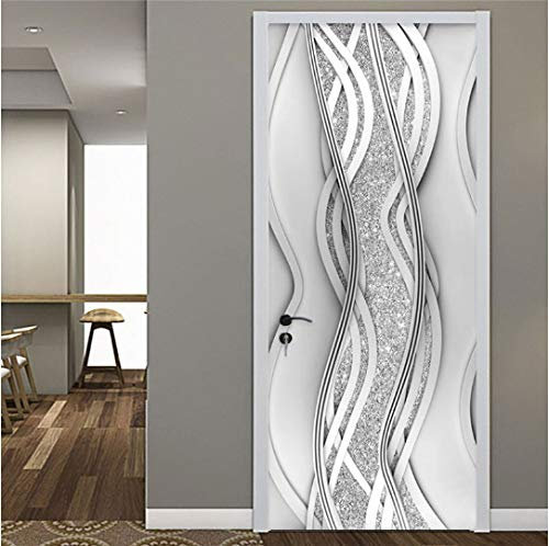 Door Murals Stickers,Door Sticker Modern 3D Abstract Fashion Line Silver Pearl Wallpaper Living Room Art Door Poster Self-Adhesive Mural Stickers 3D
