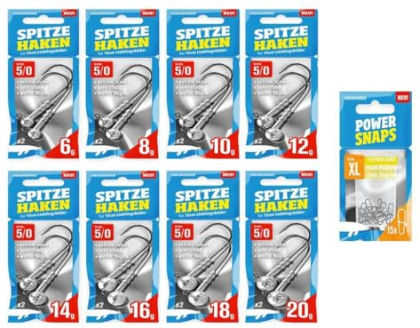 Spitze Haken Jigkopf-Set 5/0 - Lieblingsköder 15 cm - 16 Jigköpfe + 15 Snaps
