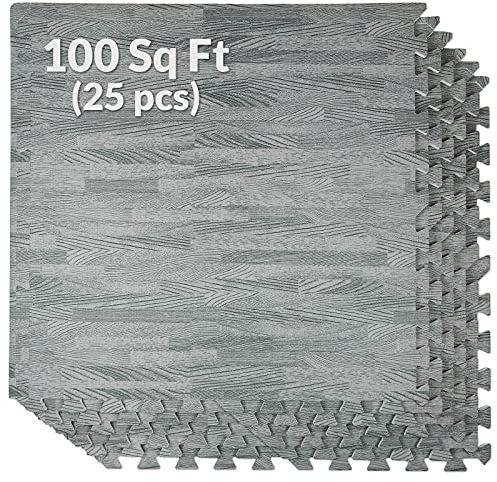 Home Aesthetics 100 Sq. Ft 3/8 Inch Thick Printed Foam Tiles Interlocking Foam Mat, Sea Haze Grey Wood Grain Style Print, (24x24, 25 pcs), Protective Flooring for Home, Exercise or Trade Show