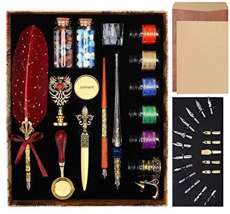 Junhartt Quill Feather Pen and Ink Set, Calligraphy Pen Glass Dip Pen and Wax Seal Stamp Kit (Red)