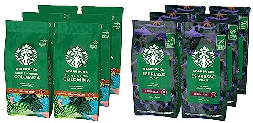 Starbucks Single Origin Colombia Café molido De Tostado Medio 6 Bolsa de 200g & Espresso Dark Roast Café De Grano Entero De Tostado Intenso 6 Bolsa de 200g