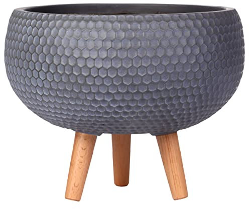IDEALIST 23cm Honeycomb Grey Reinforced Stone Bowl Planter | Large Bonsai Pot on Legs | Indoor Plant Pot D23 H25 cm, 6 litres