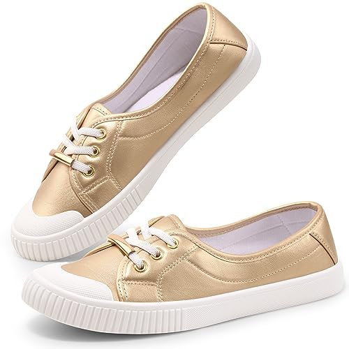 Harvest Land Womens Canvas Shoes Ladies Fashion Plimsolls Soft Trainers Low Top Slip on Sneaker Gold 6.5