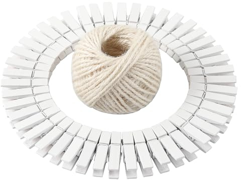 HSTECH 100 Pcs White Mini Natural Wooden Clothespins and 82 Ft Jute Twine, Baby Clothes Pins, 1.38in Craft Photo Clips for Home School Arts Crafts Decor, DIY Decoration's, Arts and Crafts, Weddings
