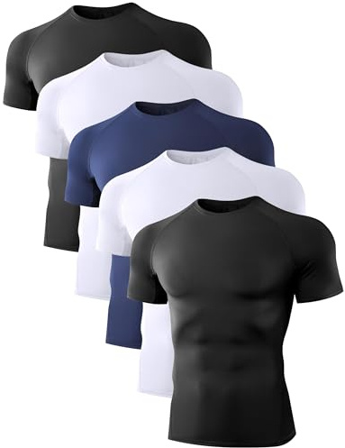Dalavch 5 Pack Men’s Compression Shirts Short Sleeve Cool Dry Sports Athletic Workout Base Layer Undershirt T-Shirt Tops 2 Black 2 White 1 Blue Large