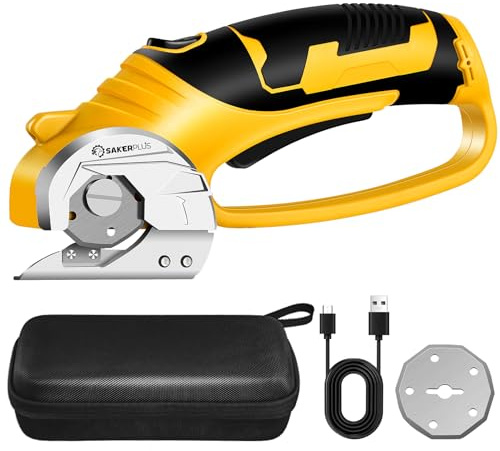 SakerPlus Cordless Electric Scissors, 4V Cardboard Cutter, Box Cutter - 2 Blades, 1 Storage Bag, Safety Lock & LED Light, Rechargeable Power Rotary Cutter for Box Carpet Fabric Plastic Leather