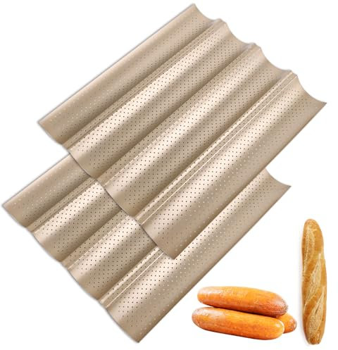 VIDETOL 2 Stück Baguette Backform, 38 cm x 33 cm Brotbackform für 4 Baguettes, Baguette-Backblech mit Antihaftbeschichtung, Baguetteblech Kohlenstoffstahl für Baguette und Brot
