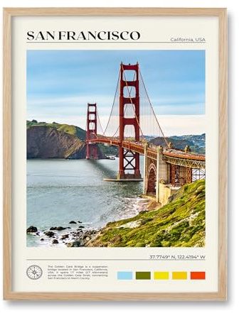 HesenDot Natural OAK Wood Golden Gate Bridge Framed Wall Art,12x16in San Francisco City Skyline Canvas Wall Print,Modern Urban Landmark Wall Decor for Living Room,Bedroom,Office Gallery Gifts Set of 1