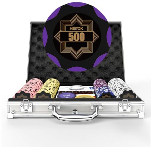 HEITOK Clay Pokerchip-Set für Texas Hold'em, 200 Stück mit Bezeichnungen, professionelles Casino-Blackjack-Set, eine hochwertige Tragetasche mit Aluminium-Reisekoffer