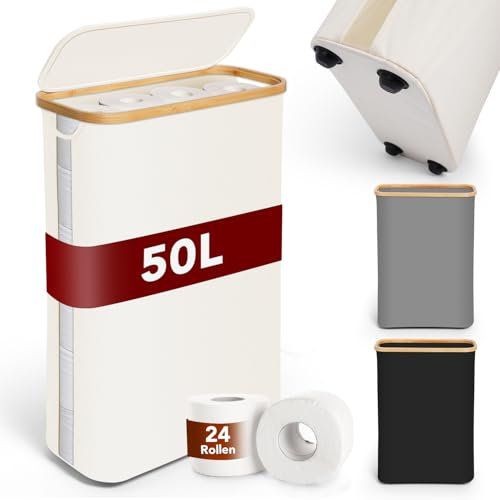SOUTHGATE 50L Grande Cesta de Almacenamiento de Papel Higiénico con Tapa de Bambú, Capaz para 16-24 Rollos de Papel, Almacenamiento de Rollos de Visibilidad, con Patas, Organizador de BañO con Asa