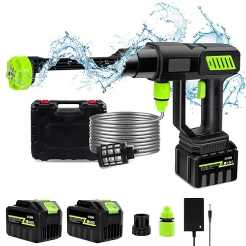 Limpiador de alta presión con batería de 120 bares, pistola de alta presión portátil, manguera de 5 m, boquilla multiusos 6 en 1 (2 baterías)