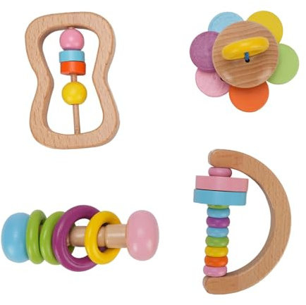 4 4pcs Wooden Baby Rattle, Colorful Baby Rattles Set, Wooden Rattle Toy for Infant Newborn Hand Rattle Early Learning Grasping Toys Montessori Toys for Babies 0-6 Months