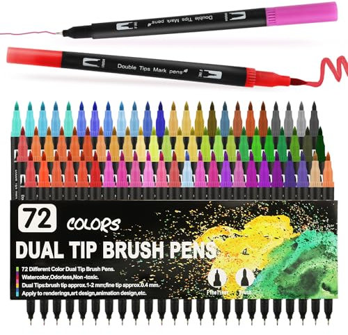 Dual Brush Pen Set,72 Farben Aquarellstifte & Filzstifte set mit Zwei Spitzen für Bullet Journal,Handlettering,Malbücher,Kalligraphie,Manga,Pinselstifte,Filschstifte Set,Mandala Stifte für Erwachsene