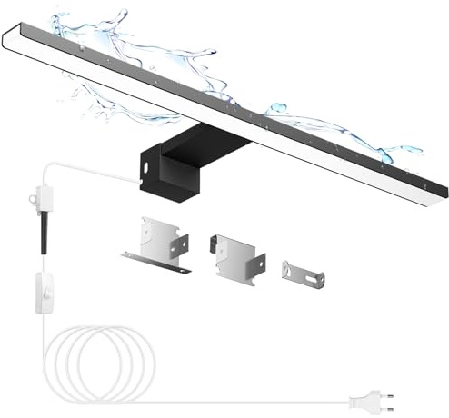 Hommie Aplique Espejo Baño Negro 50CM 12W 1549LM con Enchufe, Luz Espejo Baño Natural 4000K, Cable de 1,5 m, Aleación de Aluminio 230V, Lampara Baño, IP44 Resistente al Agua
