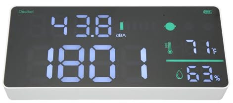 Medidor de Nivel de Sonido, Decibelímetro de Pared con Termómetro e Higrómetro, Rango 30-130dB, Pantalla LED Grande 11, Recargable USB, para Aulas, Ingeniería Acústica,