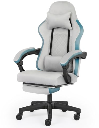 ADOV Silla Gaming Ergonómica con Reposapiés, Silla Gamer 90°-140° Reclinable de Franela para Adultos y Niños, Silla Escritorio con Respaldo Alto, Reposacabezas y Soporte Lumbar (Gris)