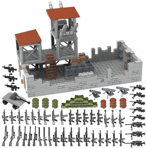 Giocattolo da costruzione con base militare per ragazzi, set da costruzione con base di difesa dell'esercito con mini armi e accessori, blocchi da costruzione militari per bambini dai 6 ai 12 anni
