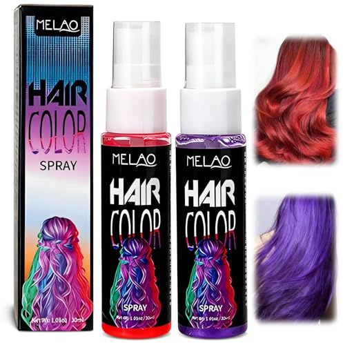 2×30ml Spray colorant pour cheveux,Temporary Hair Colour Sprays,Spraycolorant Cheveux Non Permanent,Spray Capillaire Lavable pour Garçons & Filles,fête,cosplay,Halloween(Violet + Rouge)