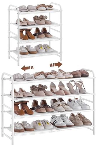 Yaheetech Zapatero Extensible, Estante Zapatos de Malla Metálica de 4 Niveles, Organizador de Zapatos para Entrada, Armario y Pasillo, Ajustable 50-84,5 cm, Capacidad para 15-20 Pares (Blanco)