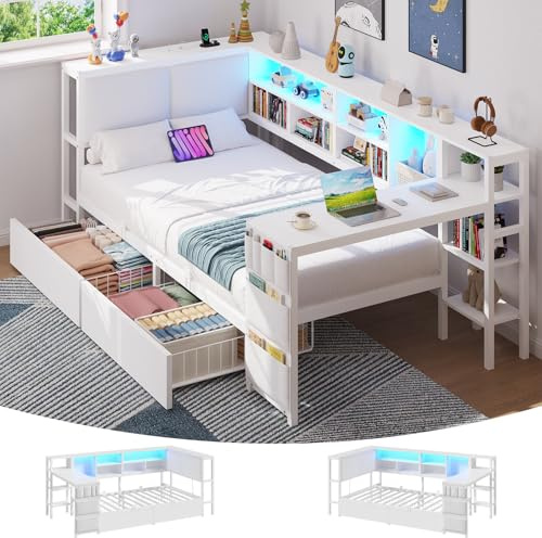 Brinlawb Canapé Lit 90x200 cm avec éclairage LED et multiprise, Cadre de Lit 90x200 cm avec Une Table et Deux Grands tiroirs, Lit Banquette Lit Enfant 90x200cm, Tête de Lit à Dossier Rembourré, Blanc