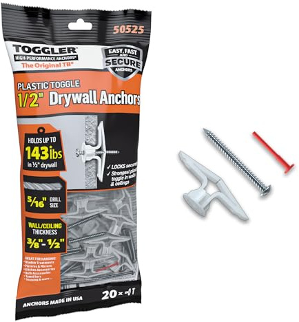 TOGGLER Toggle TB Residential Drywall Anchor with Screws, Polypropylene, Made in US, 3/8 to 1/2 Grip Range, for #6 to #14 Fastener Sizes (Pack of 20)