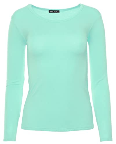 Easy Young Fashion - Damen Basic Rundhals Shirt - Langarm Unterziehshirt - Skinny Fit 1093 - Aqua L