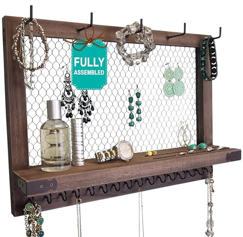 OUTSHINE Large Farmhouse Wall Jewelry Organizer (Espresso) | Wall Organizer For Earrings, Necklace, Bracelet, Hair Accessories | Chicken Wire Earring Holder | For Women, Wife, Mom, Girlfriend