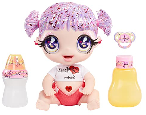 Glitter Babyz MGA Melody HIGHNOTE – Babydocka med 3 magiska färgförändringar genom iskallt vatten, lavendel-glitterhår, musikoutfit, blöja, flaska och napp – för barn från 3 år
