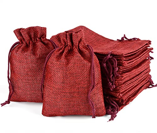 MAOOY 25 Bolsas De Yute 13x18 cm Saco Yute Con Cuerda De Tracción Pequeñas Saco De Yute Llegan Bolsas De Calendario Joyas Para Recibir Regalos Navideños Diy Para La Fiesta De Bodas (Rojo vino)