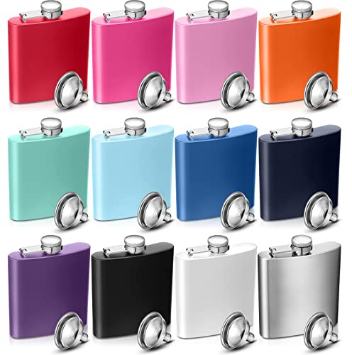 12 Pcs Stainless Steel Hip Flask for Liquor Bulk Leak Proof Stainless Steel Flask Set with 12 Pcs Funnel for Alcohol Women Men Bridesmaid Groomsmen Party Wedding Birthday Gift, Colorful (8 oz)