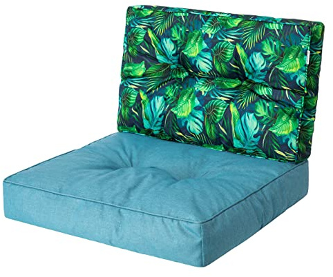 HOBBYGARDEN, Cojín de ratán KAJA, cojín para palés, exterior/interior, muebles de jardín, columpio de hollywood, cojín de asiento, azul + hojas azules, tamaño 1: 50 x 50 cm