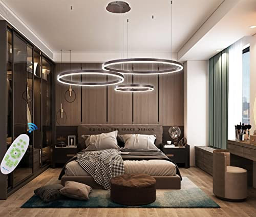 DHGIE LED Pendellampe Wohnzimmerlampe Pendelleuchte Dimmbar Mit Fernbedienung Kronleuchter Moderne Hängeleuchte Esstisch Aluminium Runde Acryl Beleuchtung 3 Rings Deckenleuchte (Color : Braun)