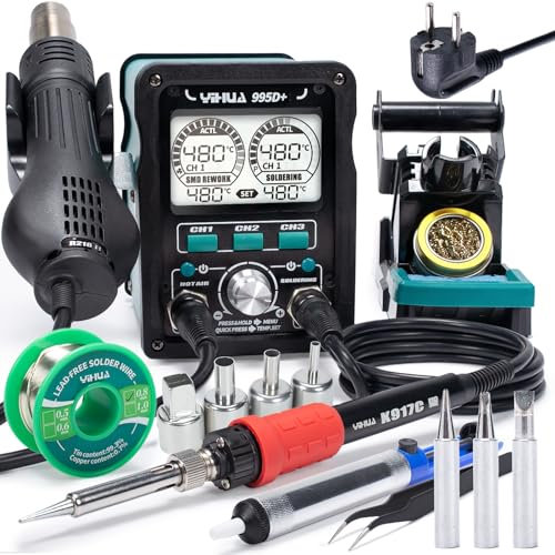 YIHUA 995D+ EVO Heißluft Rework station Lötstation 2-in-1 mit dynamischem LCD-Display mit 5 Lötspitzen, 4 Heißluftdüsen, bleifreiem Lötdraht, Pinzette, Entlötpumpe (EU-Stecker)